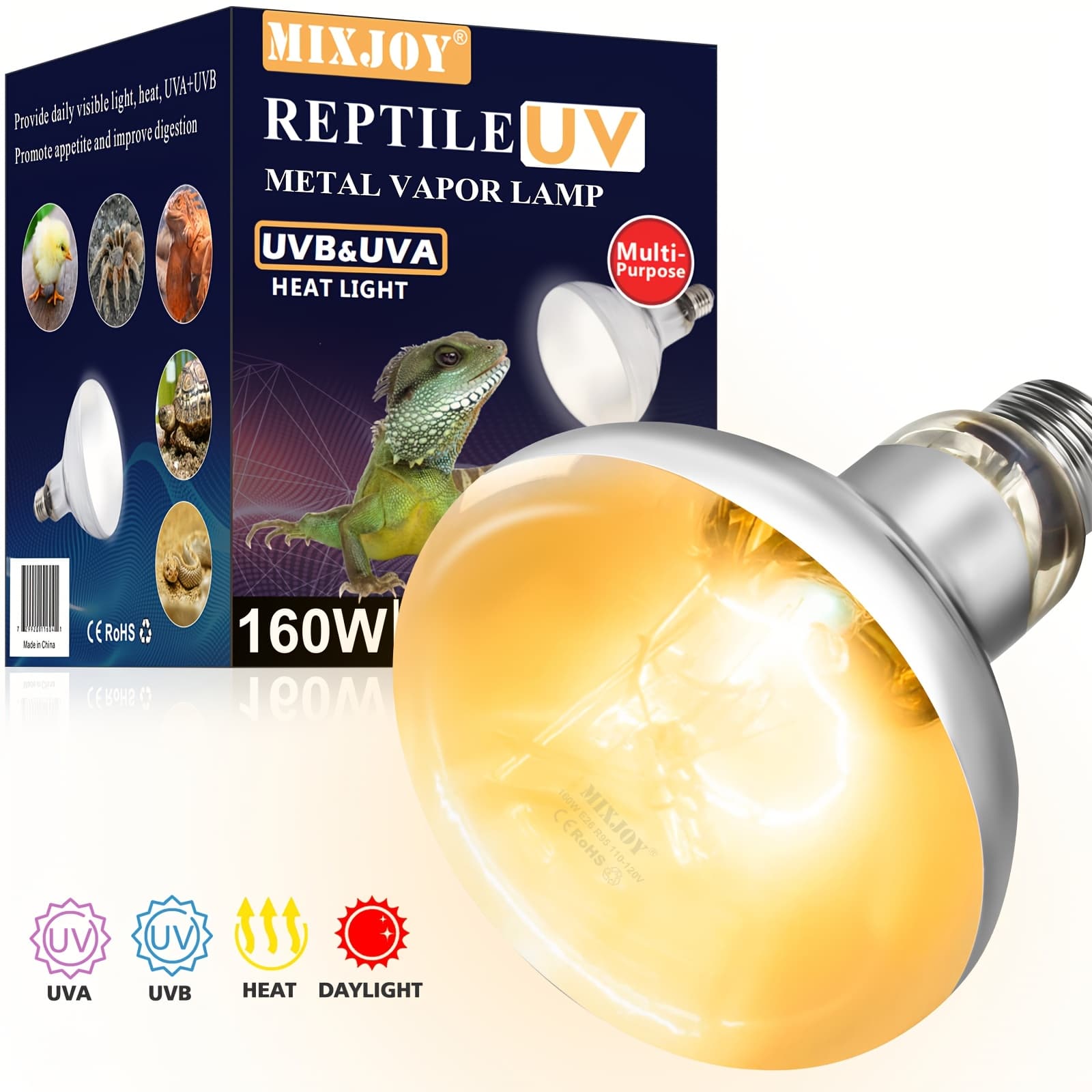 TEMU 160w Reptile Heat Lamp Bulb, Uva Uvb Reptile Lighting Kit For & 160w Reptile Heat Lamp Bulb, Uva Uvb Reptile Lighting Kit For & Geckos, Without Battery