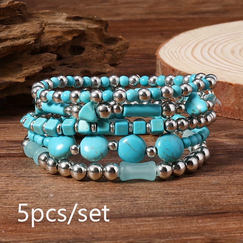 TEMU Small Ladies Fashion Turquoise Ppc With A Five-piece Set Of Elastic String Hand Jewelry Handmade All Kinds Of Wear Women Gift Jewelry