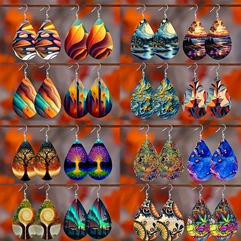 TEMU 16 Pairs Of Pattern Water Drop Double Layer Bohemian Creative Popular Simple Temperament Color Pattern Water Drop Earrings, Ladies