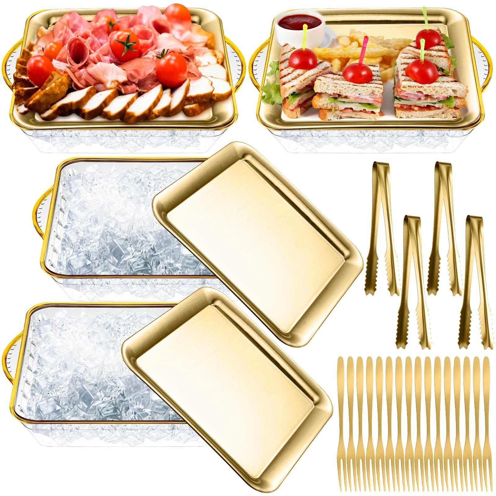 TEMU 4 Set 9" Chilled Serving Tray For Parties With Compartments Ice Chilled Charcuterie Serving Board Cold Dish Dip With Forks Tongs For Fruit Seafood Vegetable Appetizer (golden)