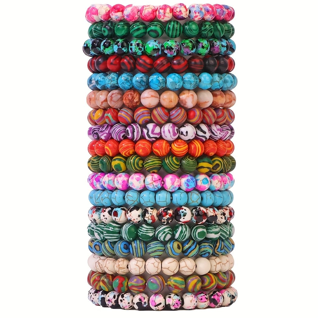 TEMU 18pcs Of Fabulous Textured Bohemian Style 8mm Lapis With Peacock Stone Multi-piece Set Of Natural Stone Elastic Bracelets For Women - Perfect For Daily Wear