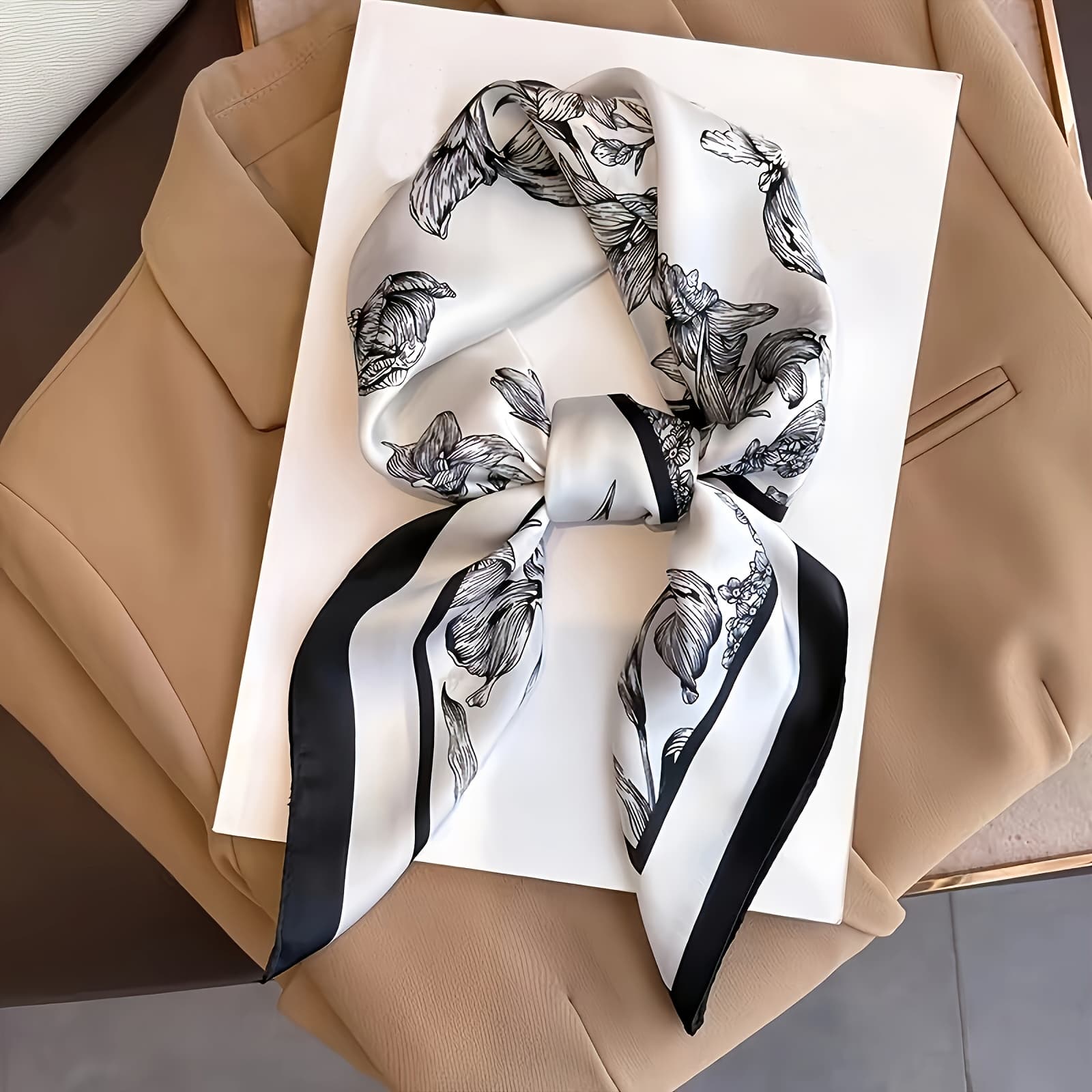 TEMU 1pc Of 27-inch White Floral Square Scarf, Made Of Smooth, Non-pilling Fabric. Suitable For Wearing With Clothing, Casual , Wind Protection,, And Decoration