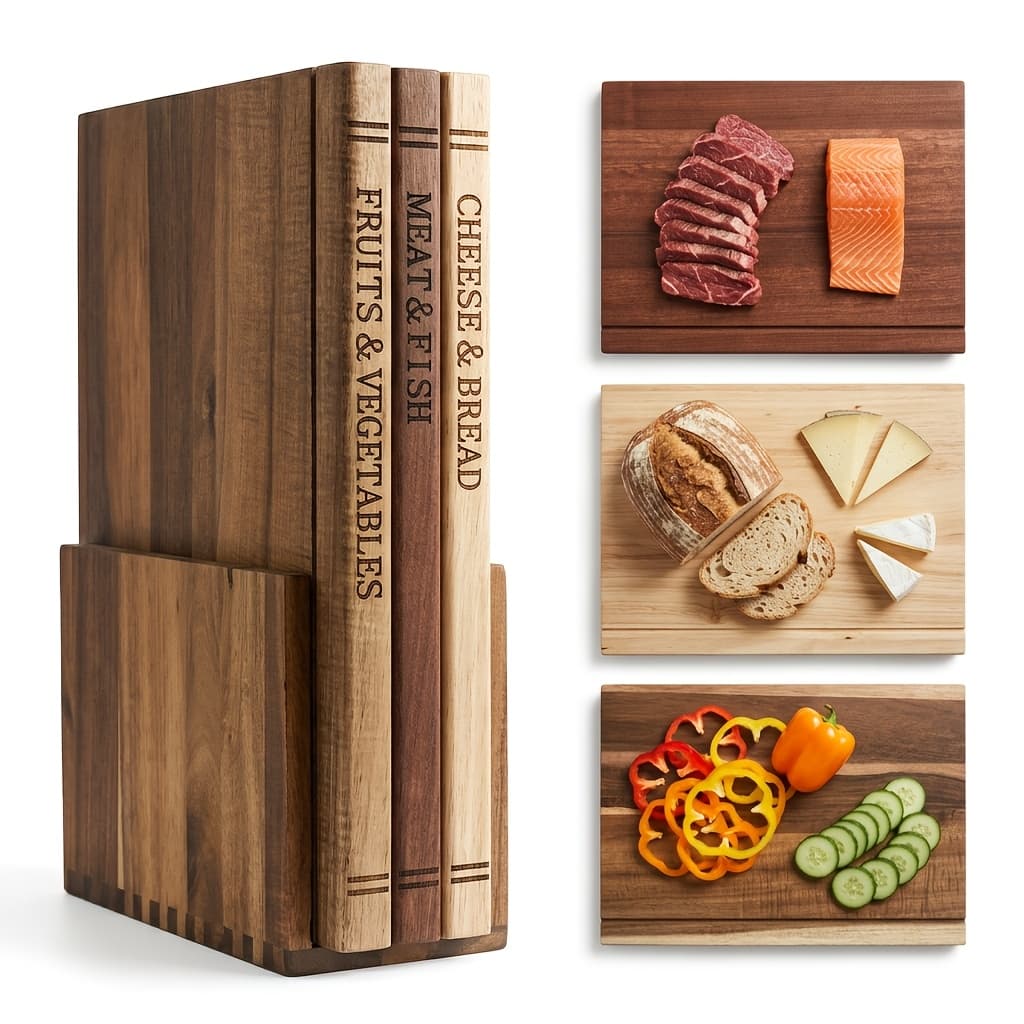 TEMU Wooden Cutting Boards For Kitchen, 3pcs Acacia Wood Cutting Board Set With Stand, Cutting Board That Looks Like Books For Vegetables, Cheese, Bread & Meat, Decorative Chopping Board Gift Set