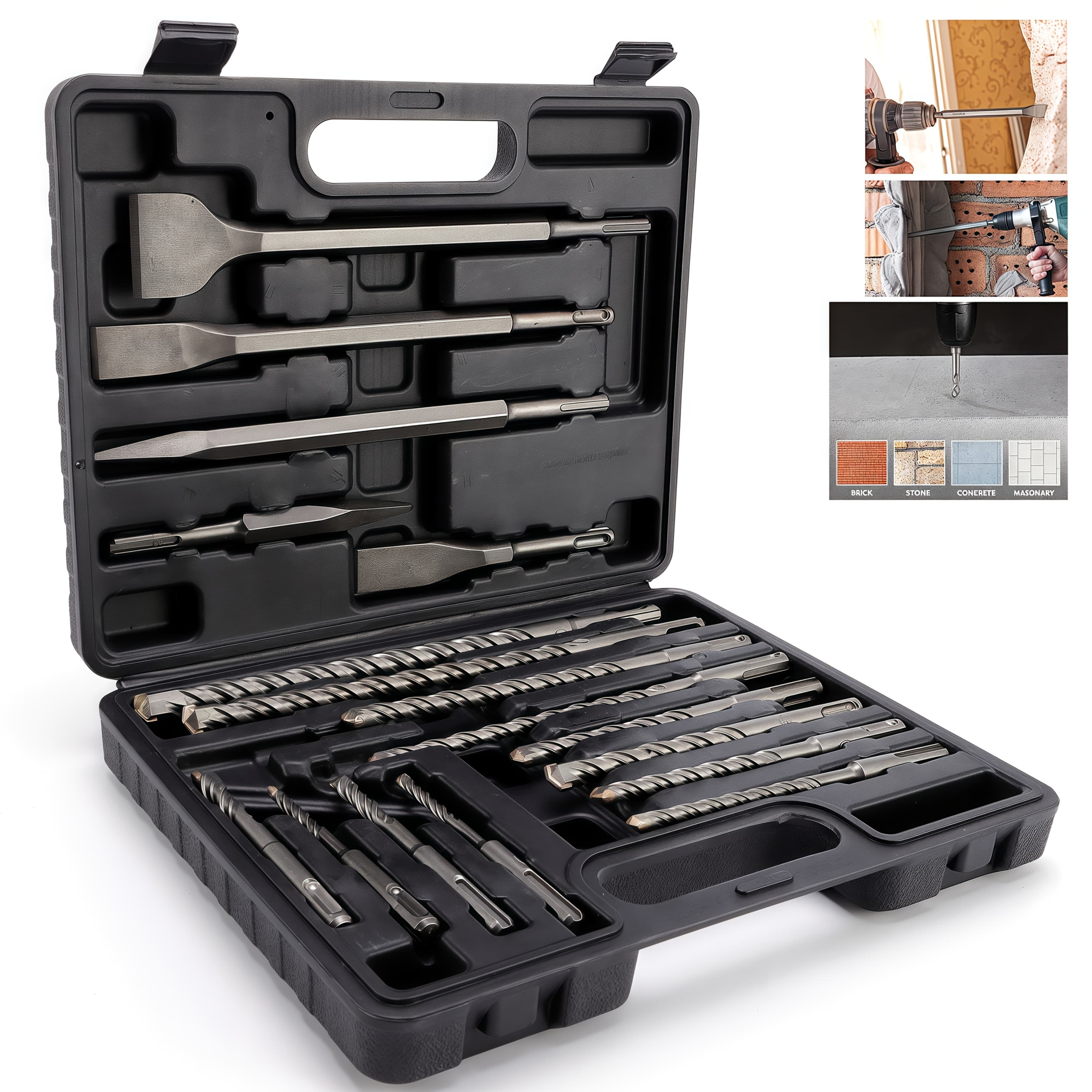 TEMU 17pcs Sds Hammer Drill Bits And Chisel Set, Sds Plus Carbide-tipped Concrete Masonry Hole Tool Drill Bits And Chisels Set For Concrete, Stone, Brick, With Portable Storage Case