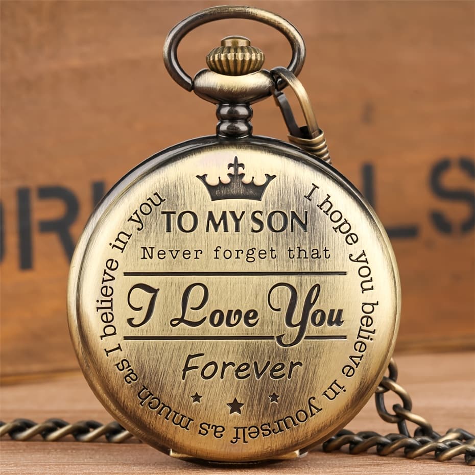 TEMU Vintage Engraved Pocket Watch, Gift With Message, To My Son I Love You, Quartz Movement Clock, Antique Bronze With Chain, Best Keepsake, Watch