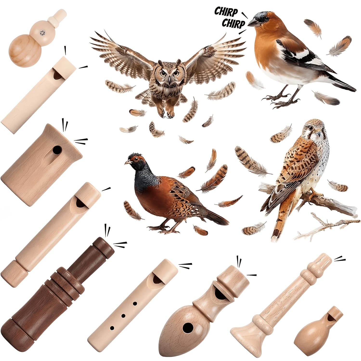 TEMU 9pcs Wooden Set Handmade Gifts For Birdwatchers, , Outdoor Exploration Activities Camping Trips Realistic Sounding Whistle