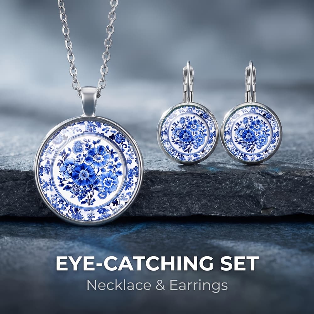 TEMU 3pcs Blue And White Porcelain Plate Necklace And Earrings Set, Suitable For Daily Wear, A Delicate Little Gift