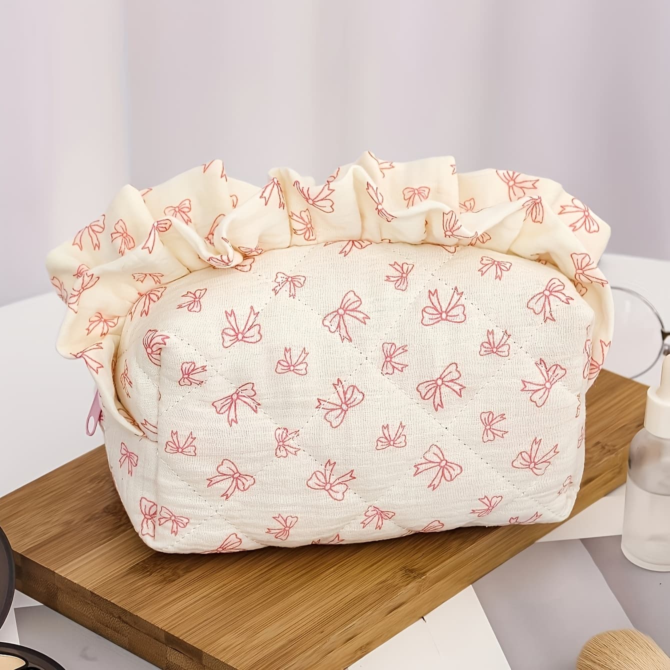 TEMU Large-capacity Floral Quilted Makeup Bag With Cute - Cartoon Style Cosmetic Organizer For Women, Durable Polyester Travel & Daily Use Pouch, Mixed Colors, Coin & Key Storage, Makeup Pouch
