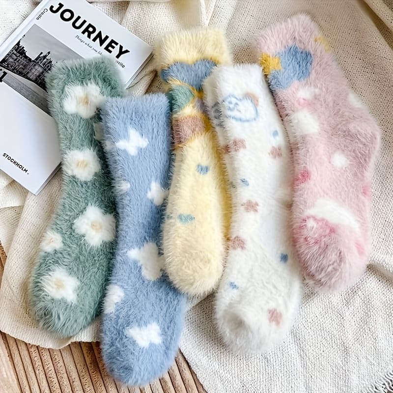 TEMU 5/10 Pairs Of Coral Warm Mid Tube Socks, Thick And Fluffy In Winter, , , Flowers, Soft And Comfortable, Home Floor Socks, Sleeping Socks
