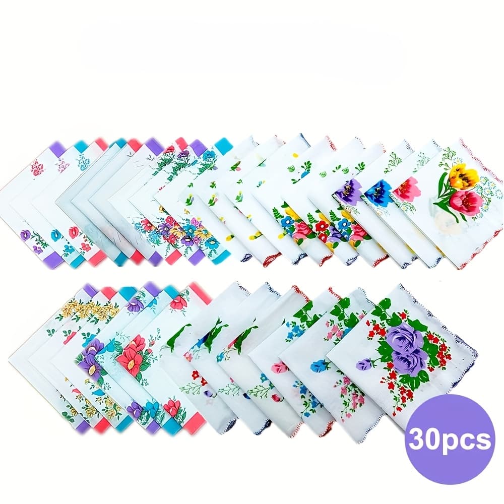 TEMU 30pcs Ladies' Vintage Floral Handkerchiefs Soft Colorful Printing For Wedding Party