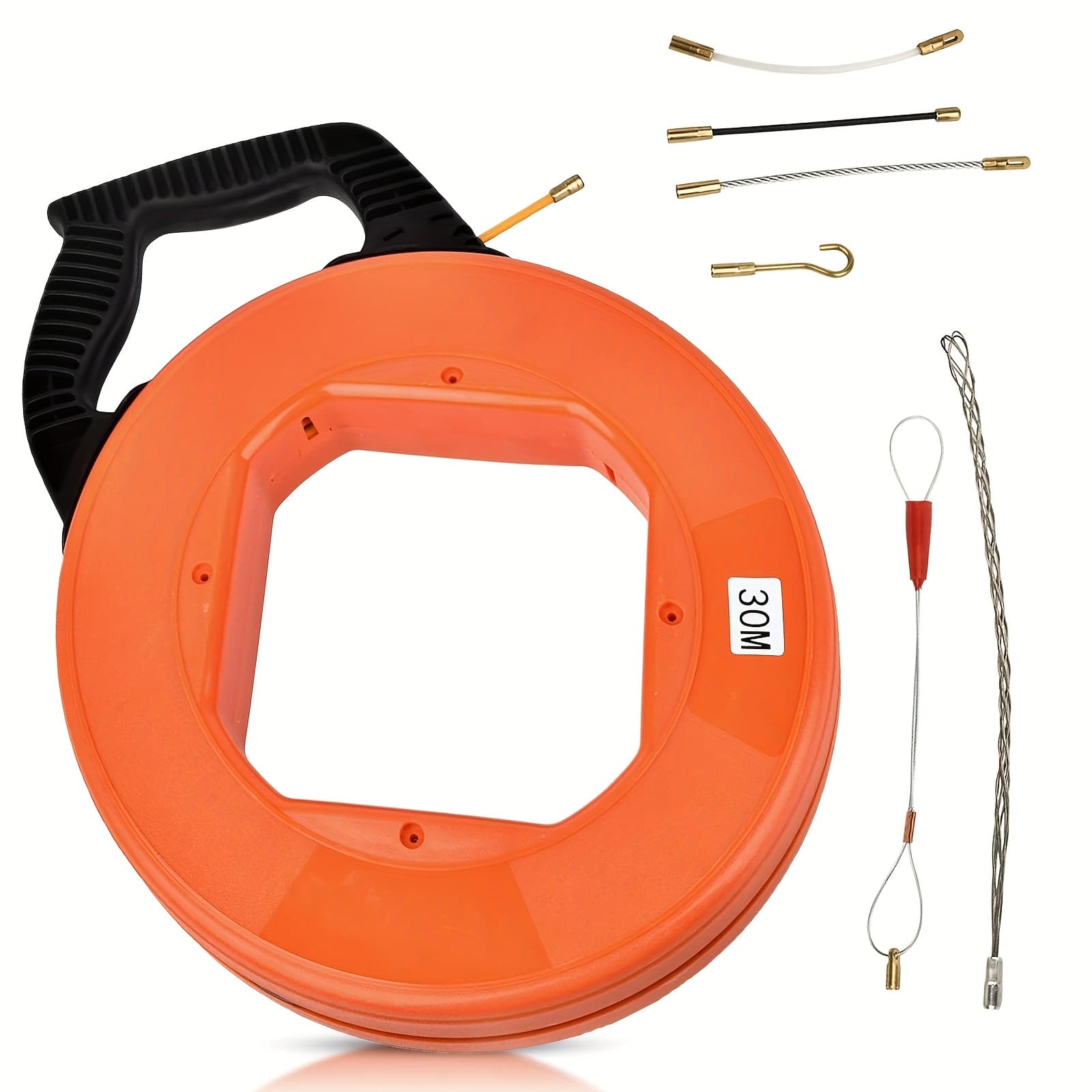 TEMU Fish Tape Fiberglass Wire Puller Electrical Cable Pulling Through Wall, 30m X 4mm 6 Adapters Pull Wire, Construction Tool Kits With Storage Box