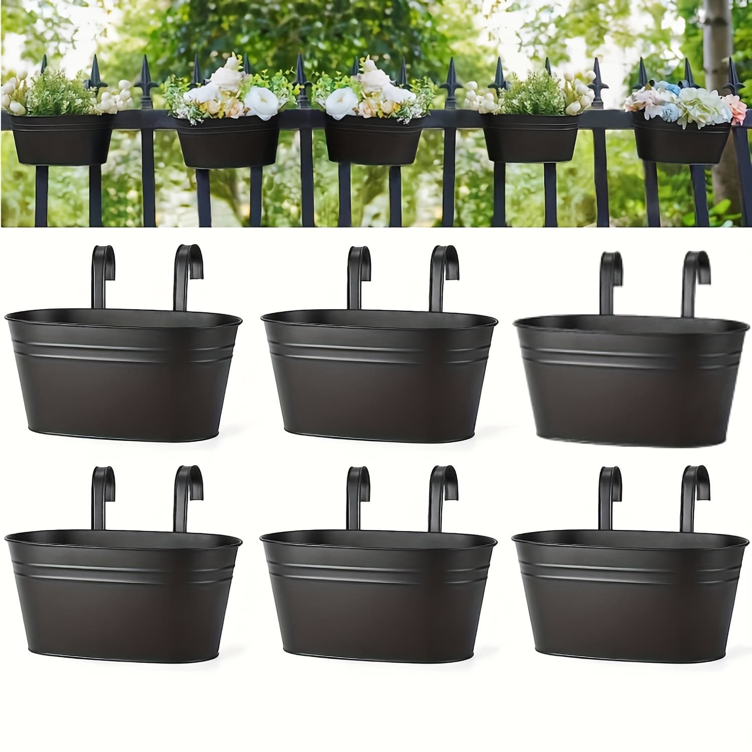 TEMU Set Of 6 Black Metal Iron Flower Pots Designed For Hanging On Railings And Fences, Perfect For -style Windows, Featuring Removable Hooks