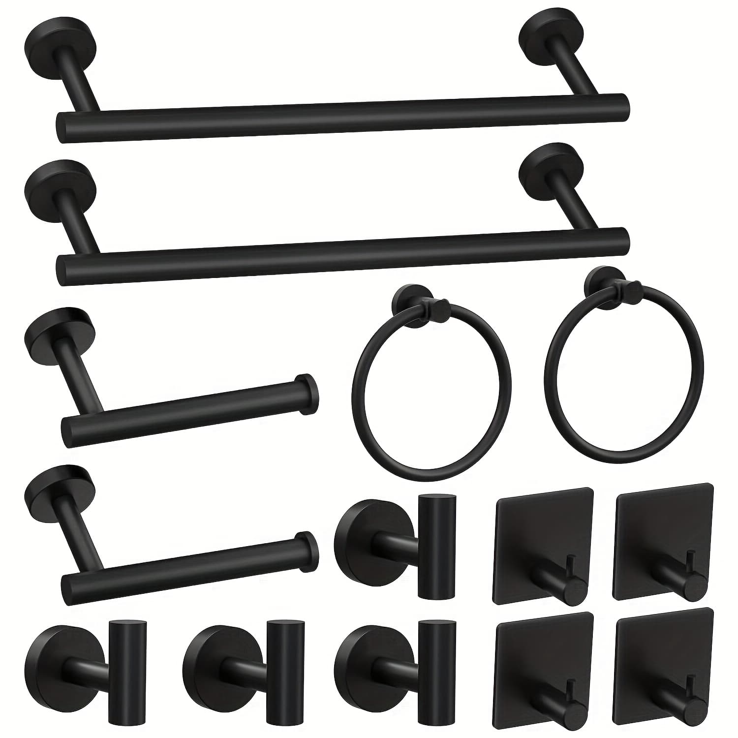 TEMU 14pcs Matte Black Bathroom Accessory Collection, Featuring Stainless Steel Hardware, Includes " Towel Bar, A Toilet Paper Holder, A Towel Ring, And 8 Robe Hooks For Wall Mounting