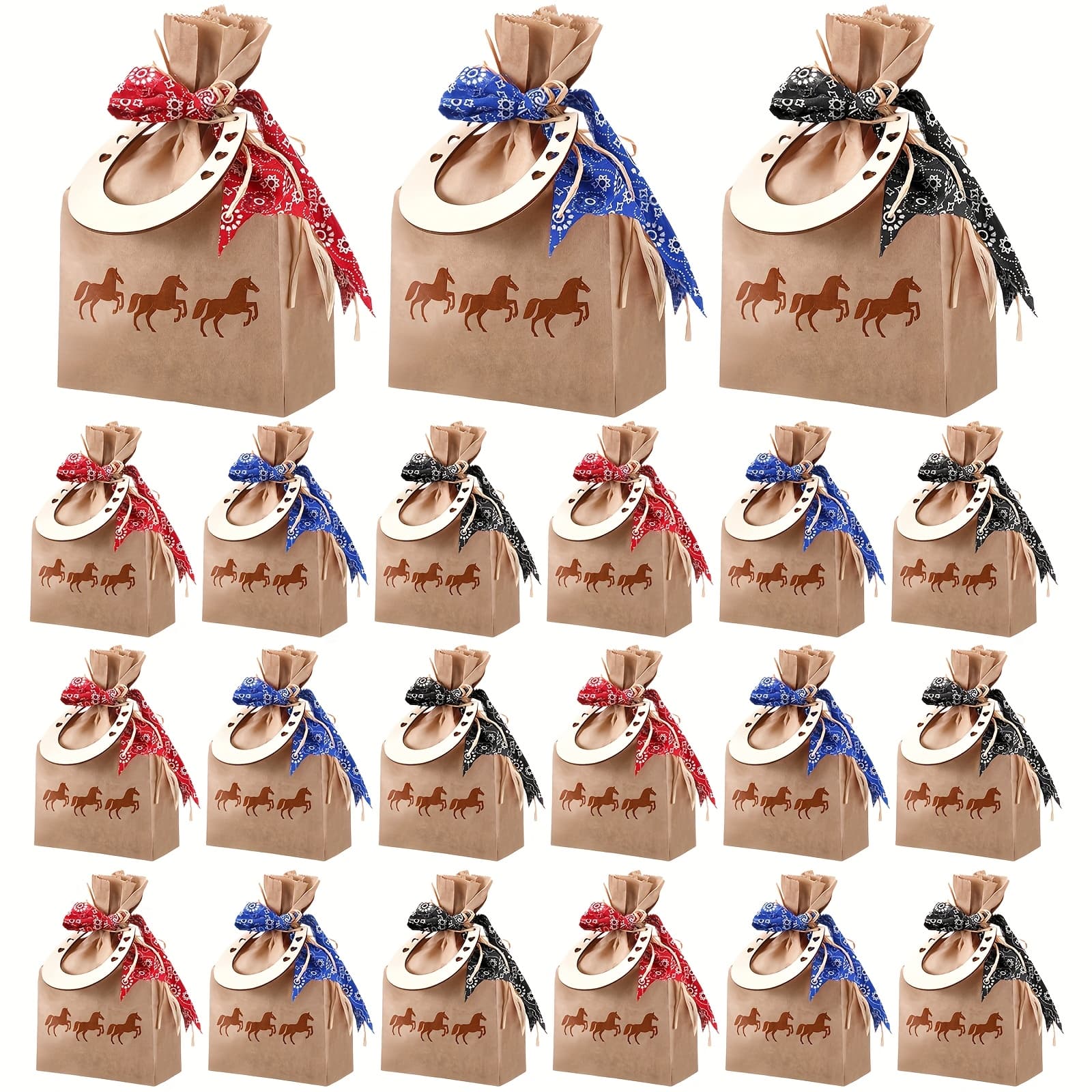 TEMU 108pcs Western Cowboy Gift Bags With Bandana Print Ribbon & Horseshoe Pendant - Paper Treat Bags For Western Birthday Parties, Cowboy Theme Party Favors, Rustic Western Decorations