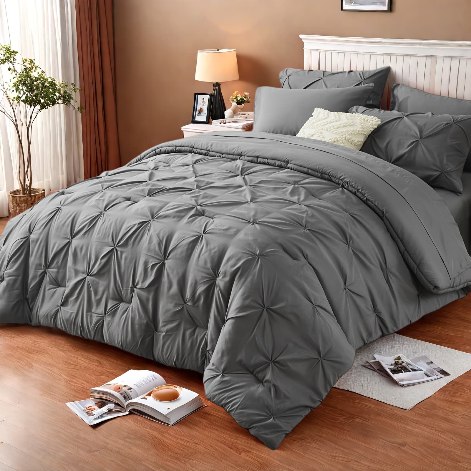 TEMU 5/7pcs Luxurious Pleated Comforter Collections - Exceptionally Soft Filling, Suitable For - Includes Quilted Comforter, Flat Sheet, Fitted Sheet, Pillowcases, Pillow Shams, Complete Bed Set