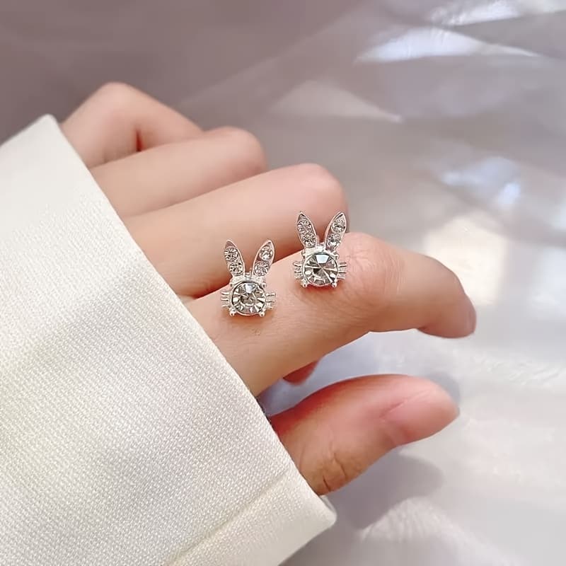TEMU Easter Bunny Ear Studs Minimalist Rabbit Design Earrings Fashionable High-end Style Inlaid Artificial Synthetic Suitable For Daily Party Wear Jewelry Additions
