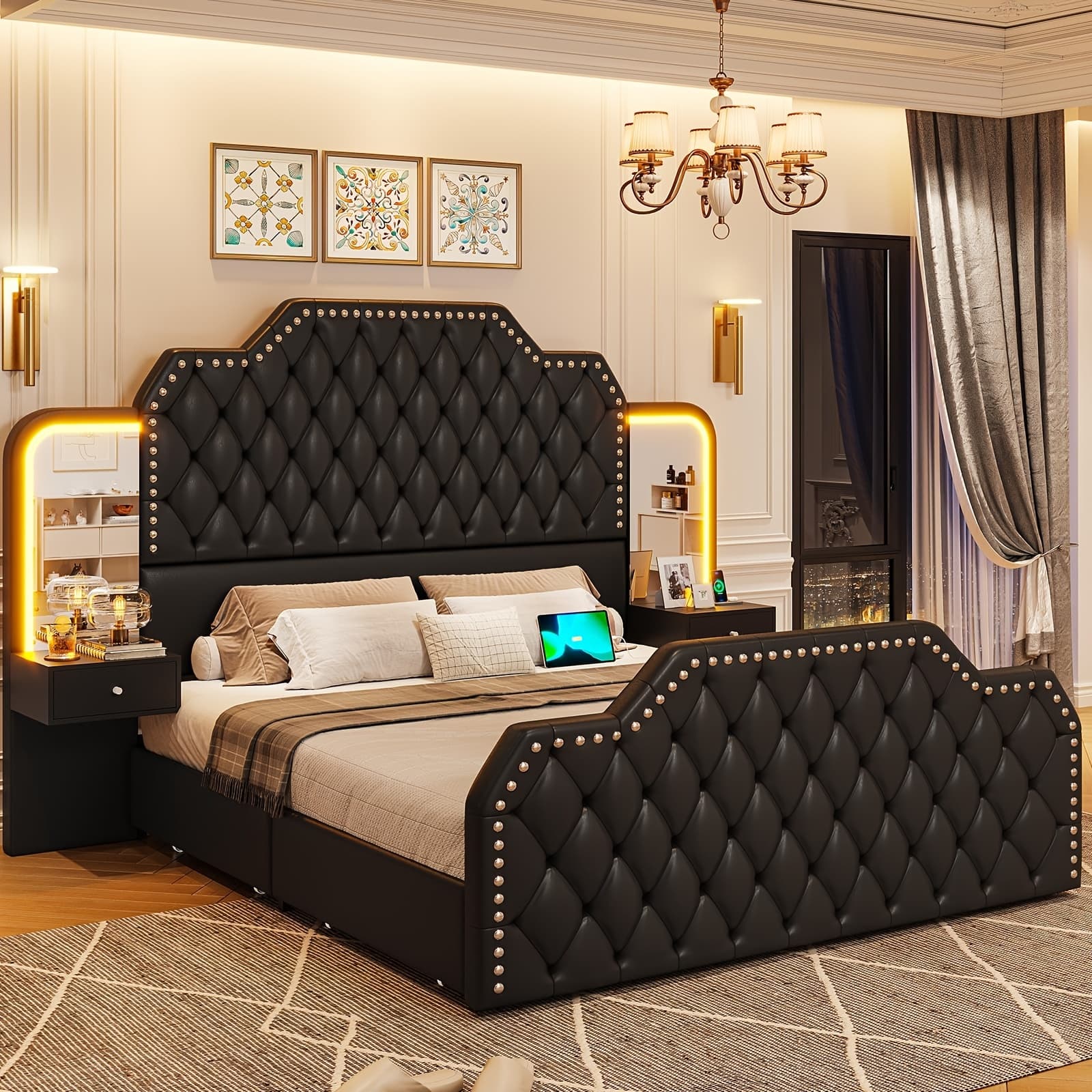 TEMU Queen Size Bed Frame With Headboard And 4 Storage Drawers, Modern Platform Bed Frame With 2 Nightstands With Mirror