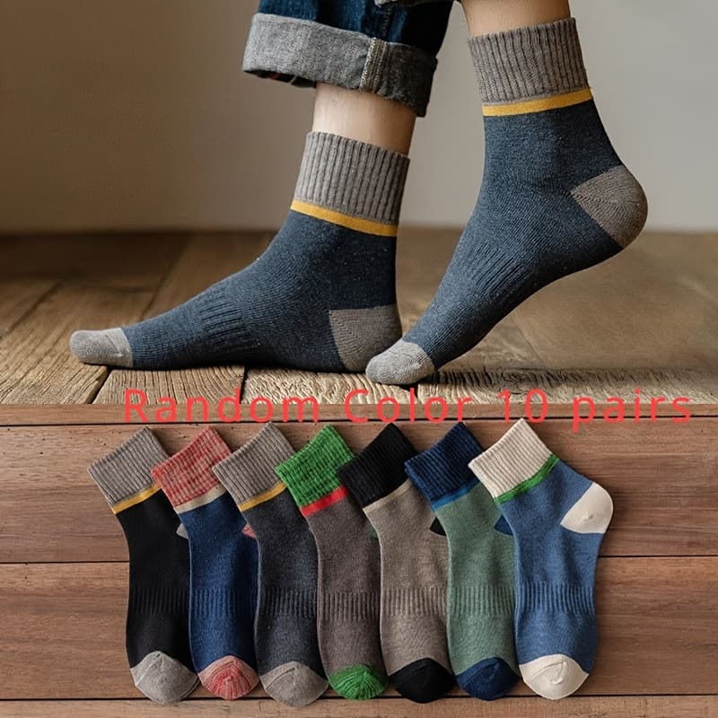 TEMU 10 Pairs Random Colors Socks Men Spring Autumn Winter Mid-calf Socks Anti-odor Thick Socks Polyester Socks Winter Long Socks Trendy
