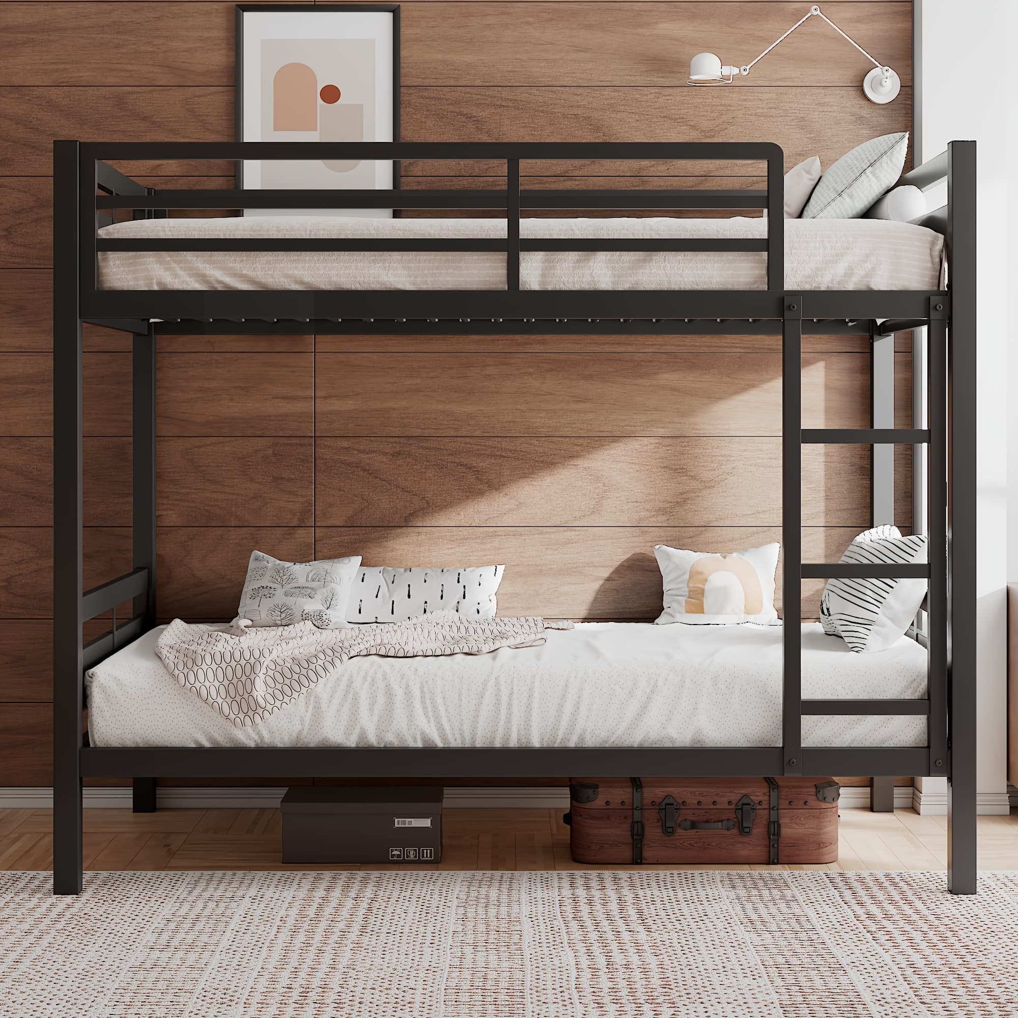 TEMU Heavy Duty Metal Bed With Ladder And Full-length , Under-bed Storage Space, Bunk Bed Twin Over Twin, Black/rustic Brown Options