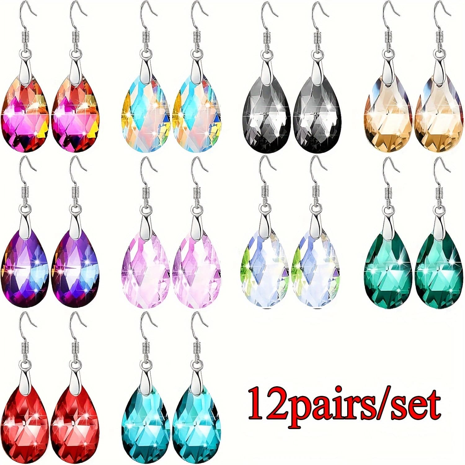TEMU 12 Pairs Shiny Teardrop & Oval Shape Artificial Crystal Decor Long Dangle Earrings, Elegant Drop Earring Trendy Jewelry Women Girls, For Valentine's Day, Birthday, Party, Christmas Gift