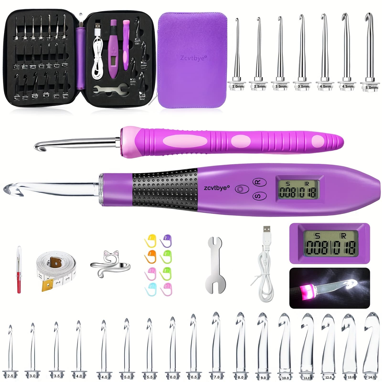 TEMU Transplant Crochet Hook Set With Counter, Crochet Kit With 24 Different Size Interchangeable Crochet Needle, Ergonomic With 2 Levels Led Counter For Crocheting And Knitting