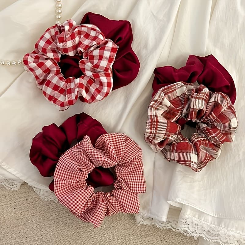 TEMU 6pcs Women's Multicolor Minimalist Temperament Academy Style Striped Plaid Print Velvet Large Hair Circle Hair Additions Tie Bun Ponytail Suitable For Autumn Daily Use