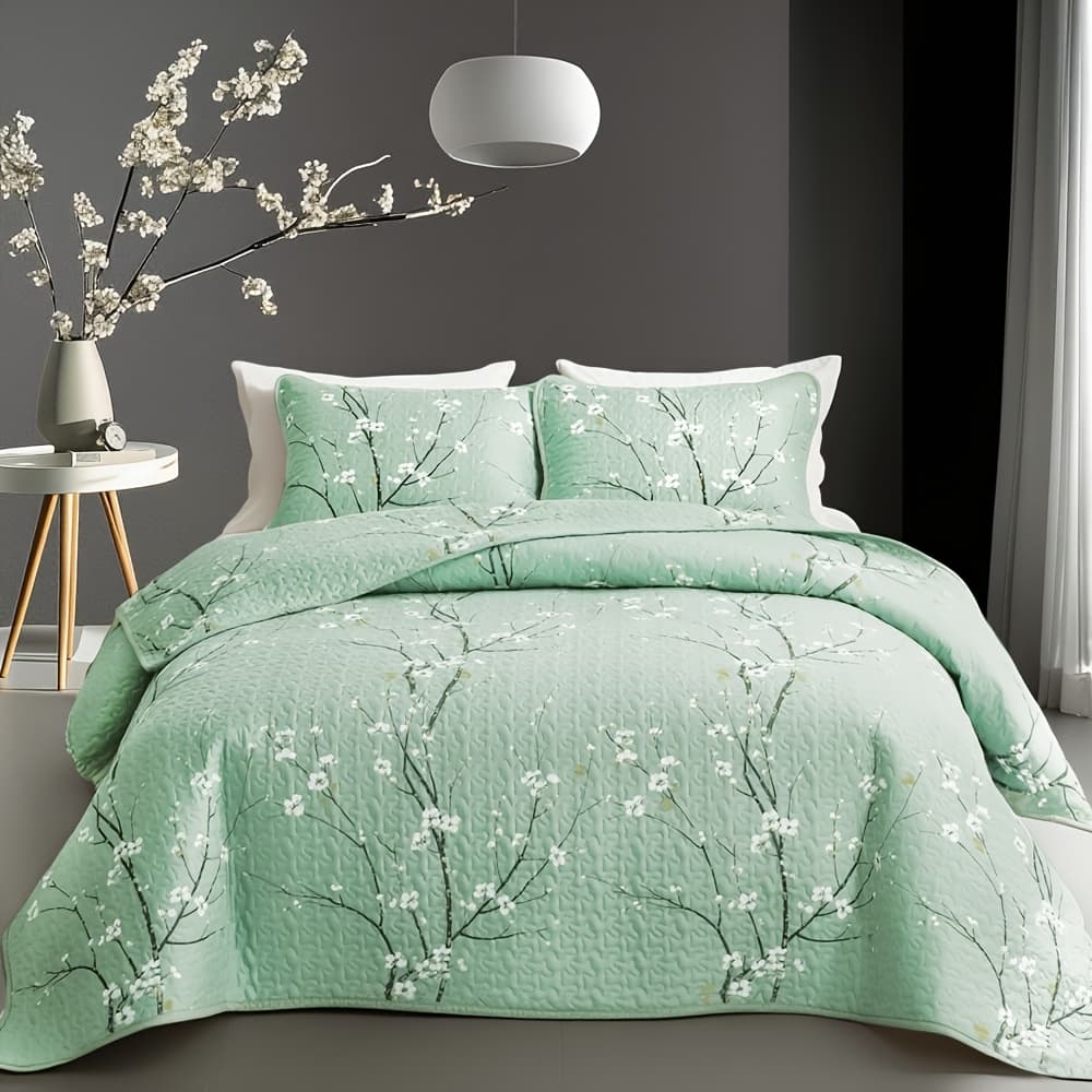 TEMU 2/3pcs Four-color Plum Printed Quilted Quilt 1pc Quilted Quilt And 1/2pcs Pillowcase Floral Printed Quilt Soft Fabric Bedding Christmas Decoration Winter Warm Queen/king Size
