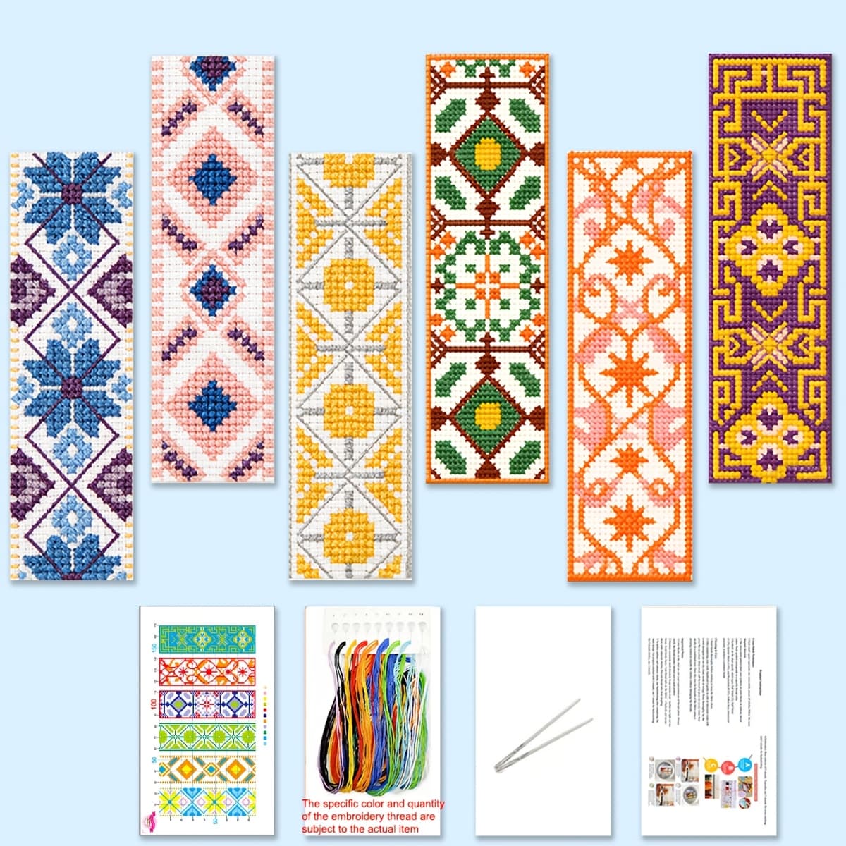 TEMU 1 Set Of Printed Cross- Includes 6 Geometric-shaped Bookmarks. Diy Cross- Bookmark Kit With Embroidery Thread, Needle, And Instructions. Easy To Operate. . Unique Gift. Practical Bookmarks