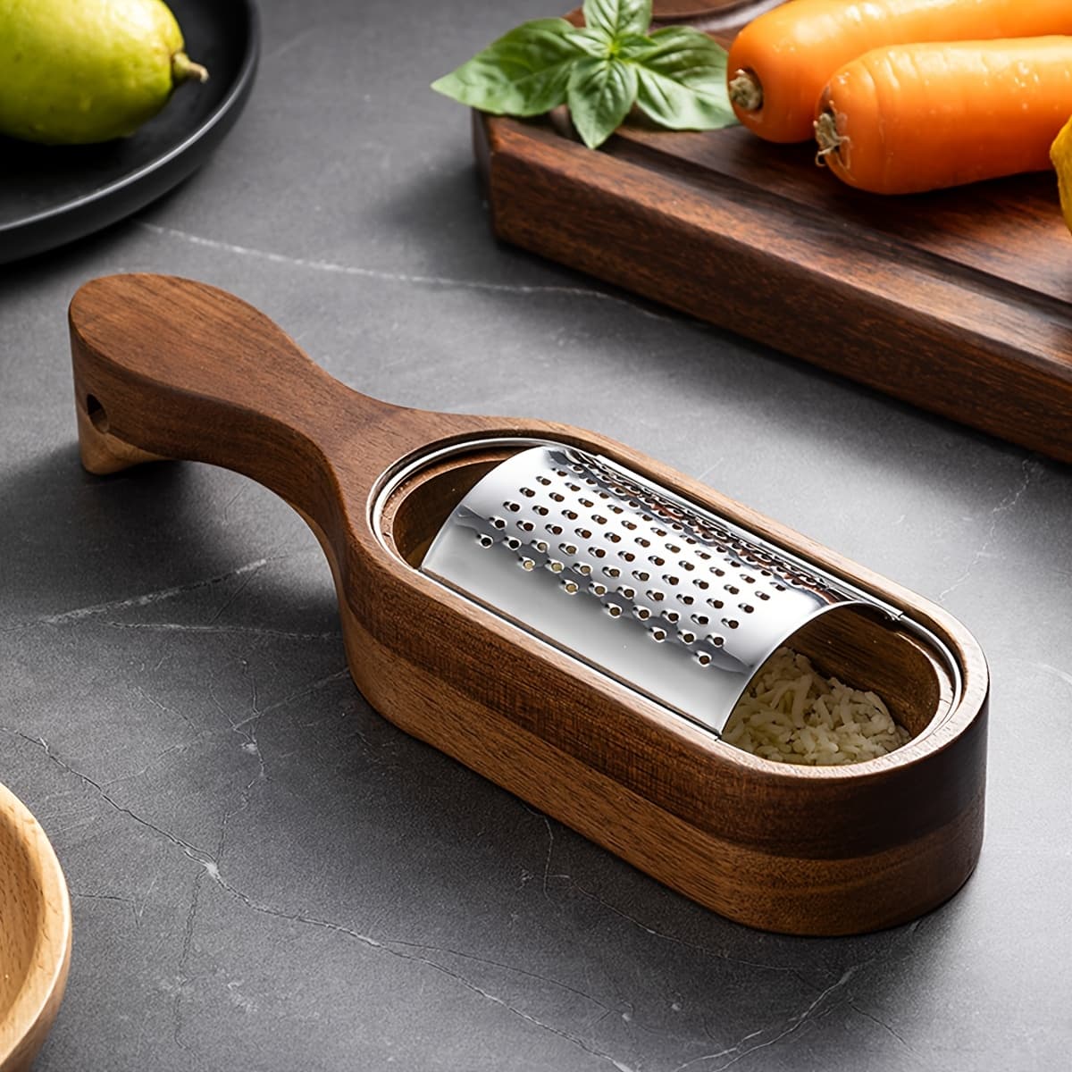 TEMU 1pc Stainless Steel Cheese Grater Acacia Wood Storage Cheese Grater Box Cheese Tool Grater