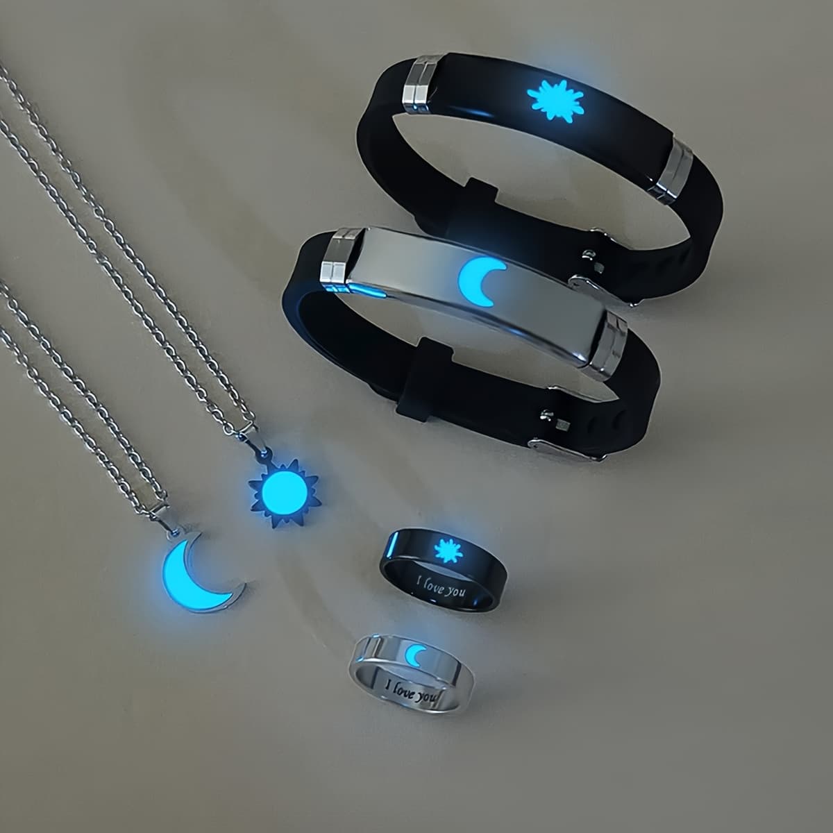 TEMU 6pcs/set Easy Luminous Sun And I Love You Couple Necklace, Bracelet And Ring Set, Fashionable Valentine's Day Additions For Women