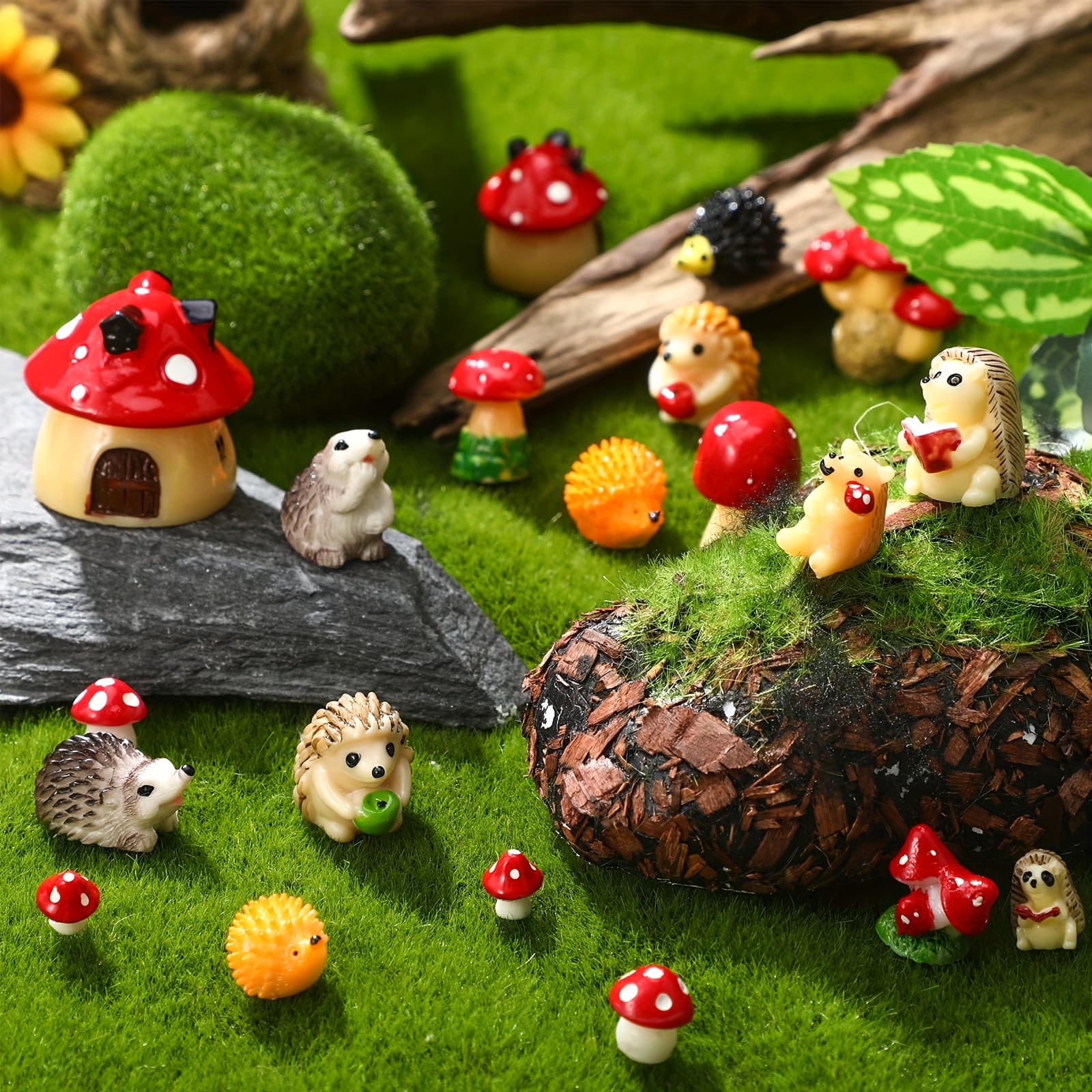 TEMU 30pcs Fairy Outdoor Garden Accessories Resin Mini Hedgehog Mushroom Miniature Figurines Garden Tiny Animals Figurines For House Terrarium Plant Bonsai (cute)