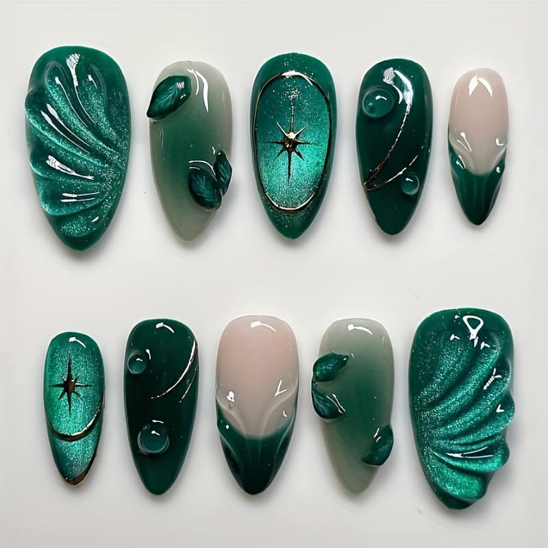 TEMU 24pcs Chinese Fake Nails With Almond Shape, Three-dimensional Green Corrugated 's , Glossy Detachable Fake Nails