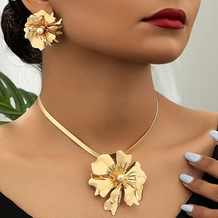 TEMU 1 Set Of Elegant Metallic Style Premium Floral Snake Bone Chain Necklace Earring Set, Women's Banquet Party Matching Jewelry Set