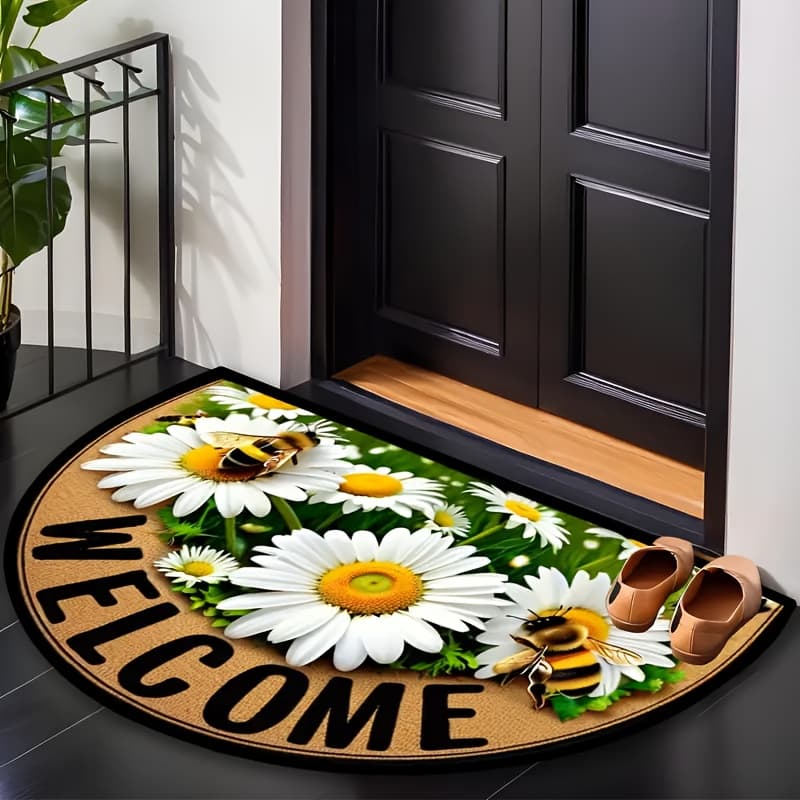 TEMU Semi-round Entrance Doormat, Non-slip Durable Bee & Floral Welcome Mat | Half-circular Door Mat Suitable For Indoor/outdoor Use - Accent With Daisy & , House Decor