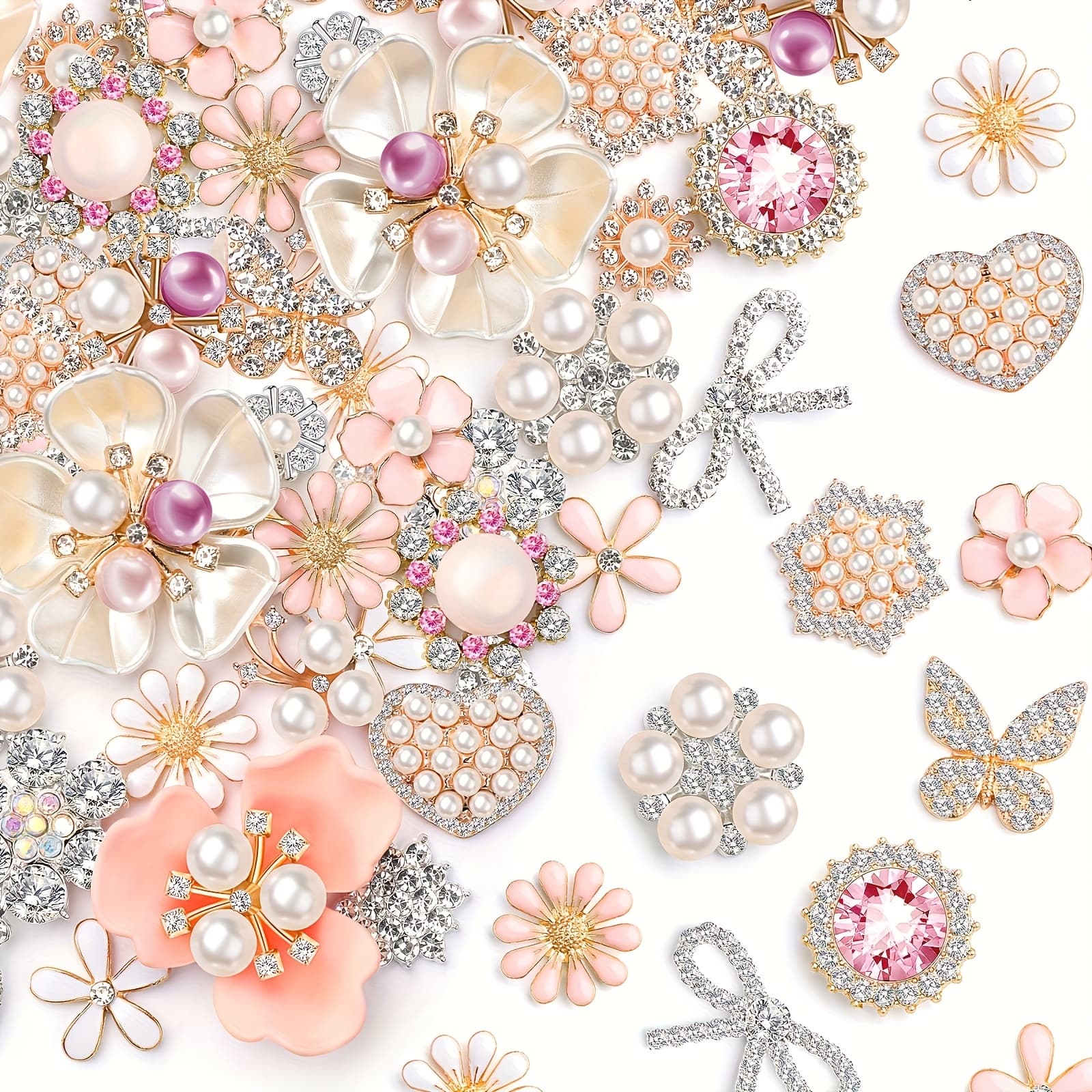 TEMU 96pcs Buttons For Crafts Clothes Faux Pearl Embellishments Pink Flower Buttons Vintage Women Pearl Brooch For Jewelry Making, Diy, Bags Shoes Supplies Wedding Decorations