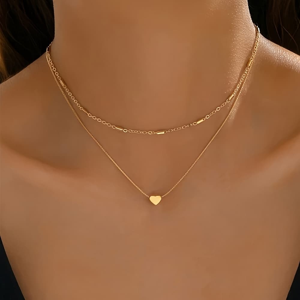 TEMU 1pc Of Fashionable, Simple, And Sweet Double-layer Layered Collarbone Chain For Women, Featuring A Delicate Thin Chain With A Heart Pendant, A Versatile Necklace For
