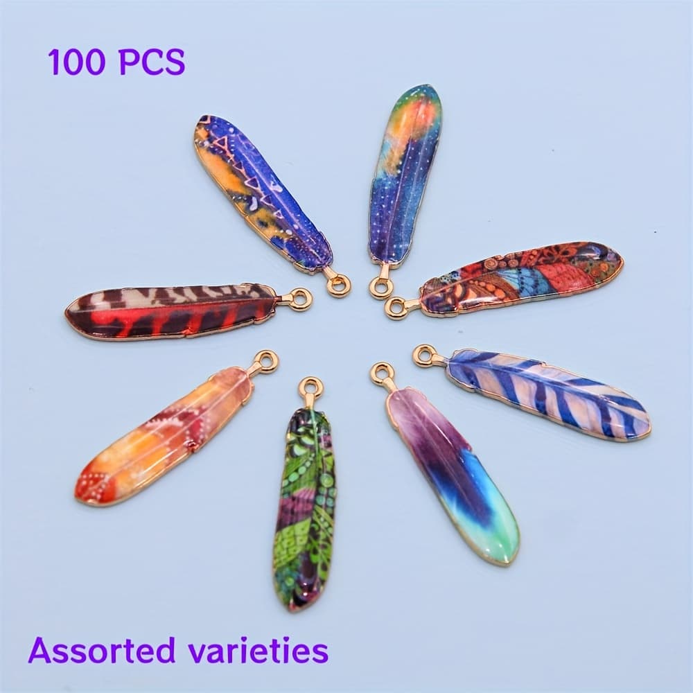 TEMU 100pcs Creative Alloy Drop Oil Colorful Feather Pendants Diy Necklace Accessories