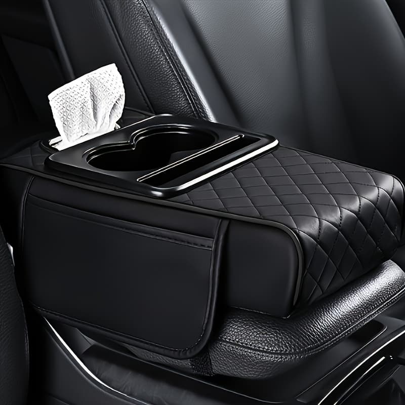 TEMU Universal Car Armrest Box Cover, Pu Console Mat With 2 Side Pockets + 2 Cup Holders, Multi-functional Storage For Phone/water Bottle/cards, Fits Most Car Models, Tissue Box Replacement 3pcs Set-1