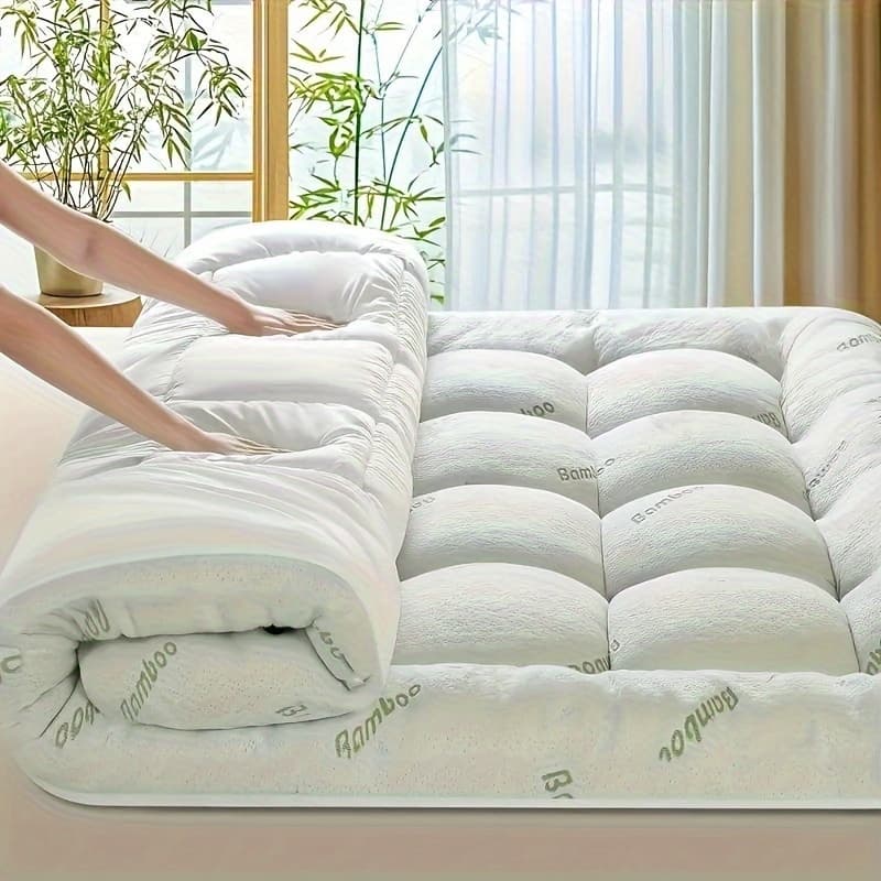TEMU 1000gsm Extra Thick Bamboo Pillow Top Mattress Pad - Cooling Soft 100% Bamboo Fiber Fill, Hypoallergenic, Washable Cover With Deep Pockets