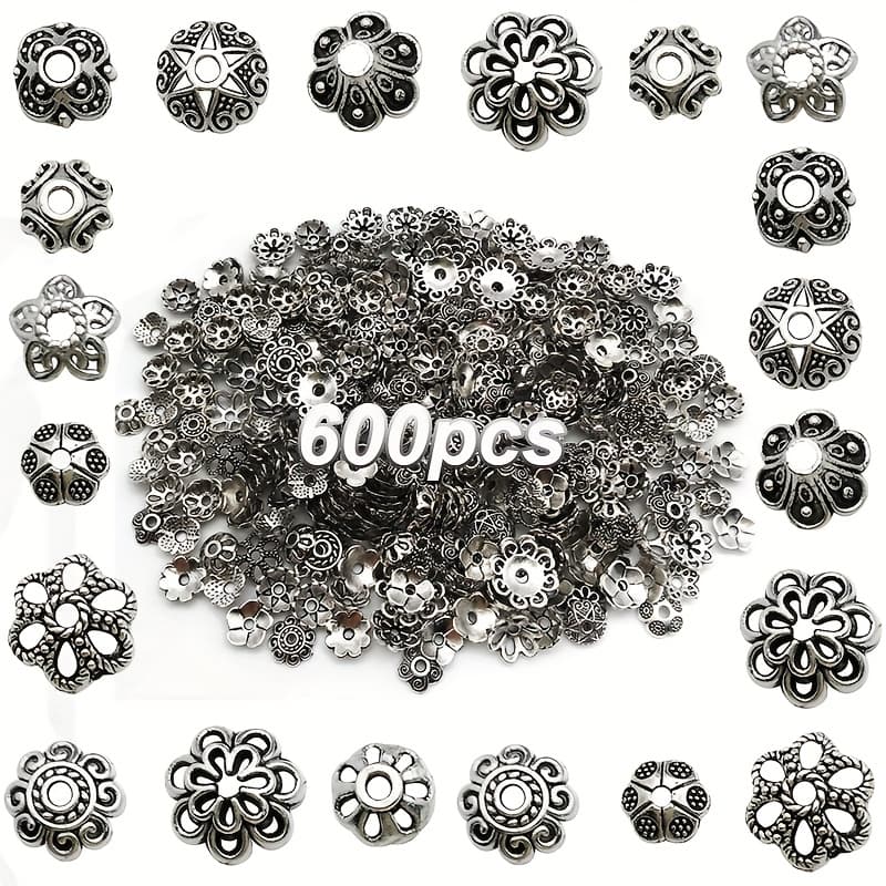 TEMU 600pcs Spacer Beads Metal Findings End Caps Silvery Color Flower Beads For Jewelry Bracelet Necklace Making