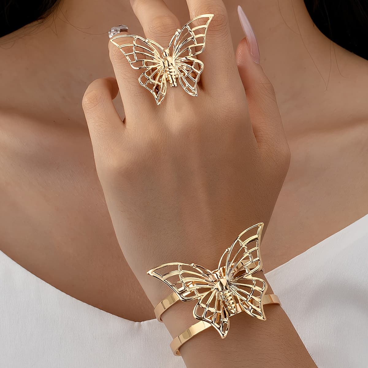 TEMU 2 Bohemian Metal Hollow Geometric Bracelet Rings For Women' Wear