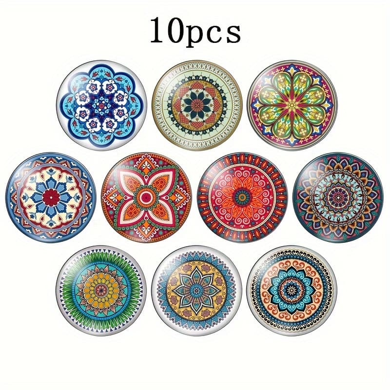 TEMU 10pcs Mandala Flower Glass Cabochons, 20mm/25mm Round Flat Back Art Paintings For Jewelry Making Parts And Accessories, Jewelry Making Supplies