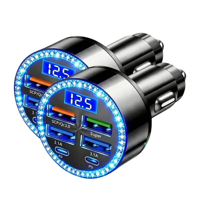 TEMU 2/3pcs | 6-in-1 Fast Charging Car Charger With 4 Usb Qc3.0 And 2 Pd, Digital Display Car Plug Adapter, Usb C Car Charger 4-pack Compatible