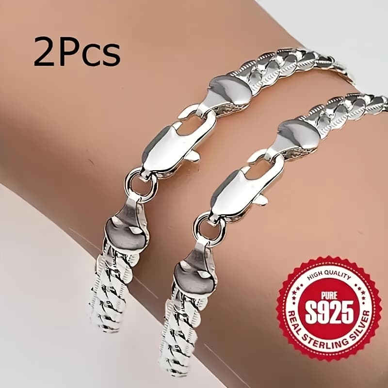 TEMU 2d Flat - [2pcs Silvery Flat Bracelets] 2pcs 925 Silver Unisex Flat Bracelets | Women's Luxury, Shiny Silvery Style, Wear, Anti-oxidation Packaging, Perfect Gift For