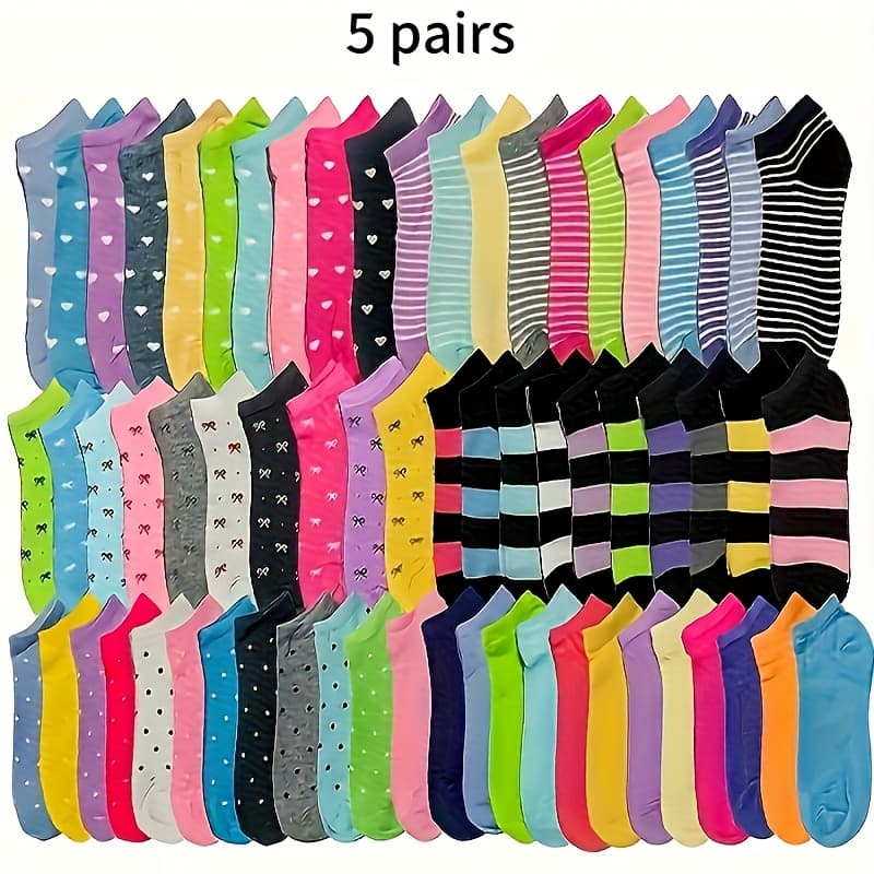 TEMU 5 Pairs Women's Candy-colored Heart Pattern Socks - Soft Breathable Low-cut Casual Socks, Assorted Pastel & Vibrant Colors, Hand Wash Only