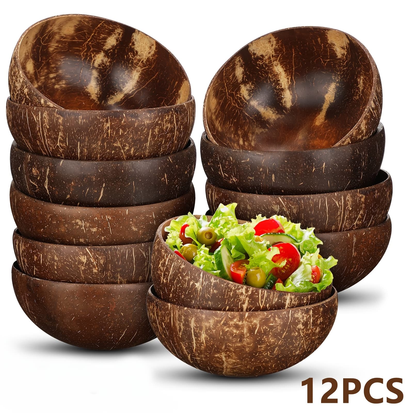 TEMU Coconut Shell Bowls Polished Wooden Bowls Bowls Salad Bowls For Smoothie, , Fruit, Salad & Yogurt - And Serving Bowls, Kitchen Decorcc, Rustic Kitchen Decor (3/12pcs, Polished)