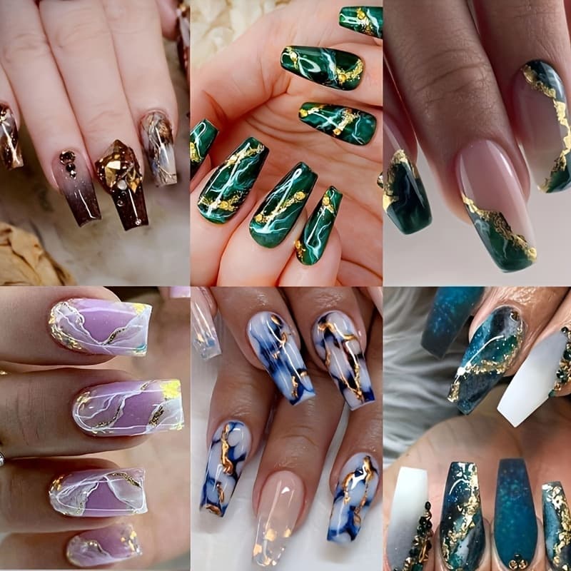 TEMU 144pcs Coffin Press On Nails Medium Length Fake Nails Artificial False Nails With Blue Marble & Sequins Designs Glossy Acrylic Nails Nude Full Cover Glue On Nails For Women 6pcs