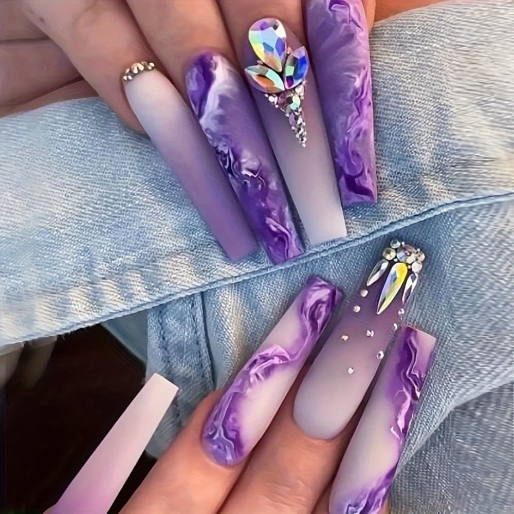 TEMU 24pcs Matte Super Long Coffin Press On Nails Purple Gradient Style Fake Nails With Shiny Artificial Reusable False Nails For Women And