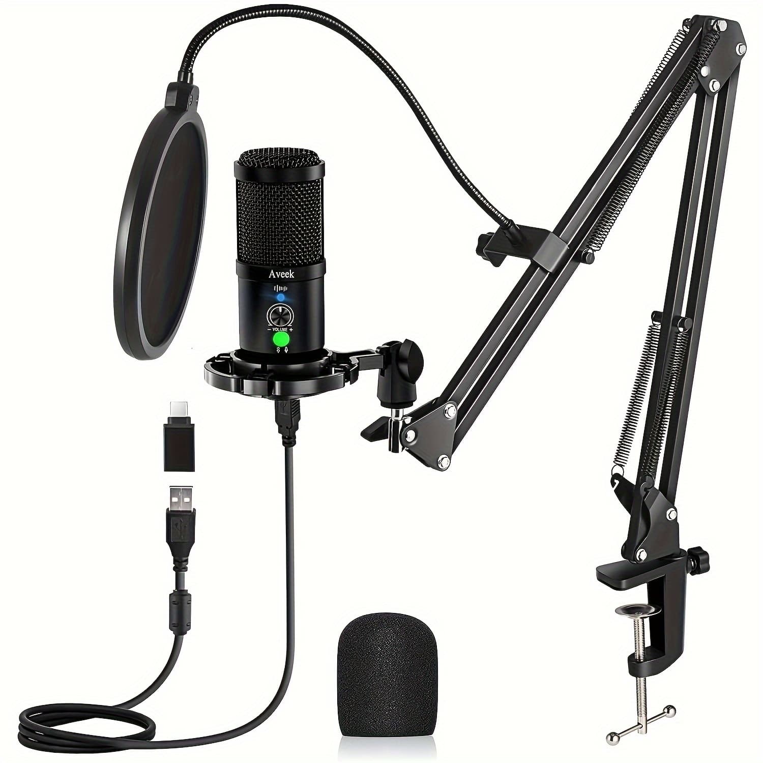 TEMU Aveek Set, 192khz/24bit, Metal Noise Reduction Microphone, Plug And Play, Headphone Output And Volume Control, 1 Click Mute Button, For Pc, , Gaming, Recording, Streaming, Podcast, Studio