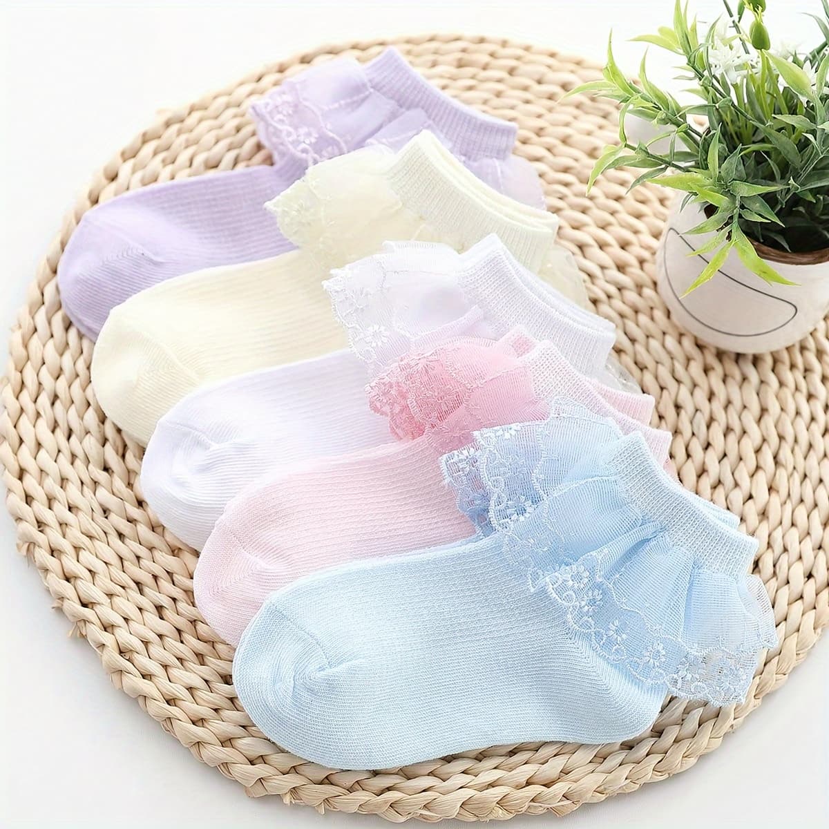TEMU 5 Pairs Of Girls' Ruffle Candy-colored Short Socks, Mesh Breathable, Versatile Ankle Socks